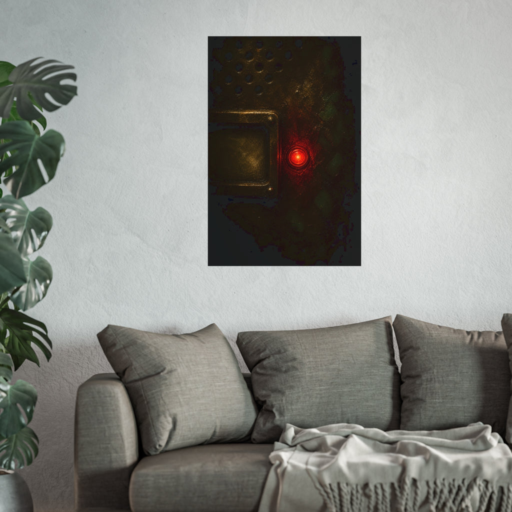 Close view of an intercom panel with one red button glowing in the dark. The Stuck Red Light by Garabaggio, fine art print hanging in a room.