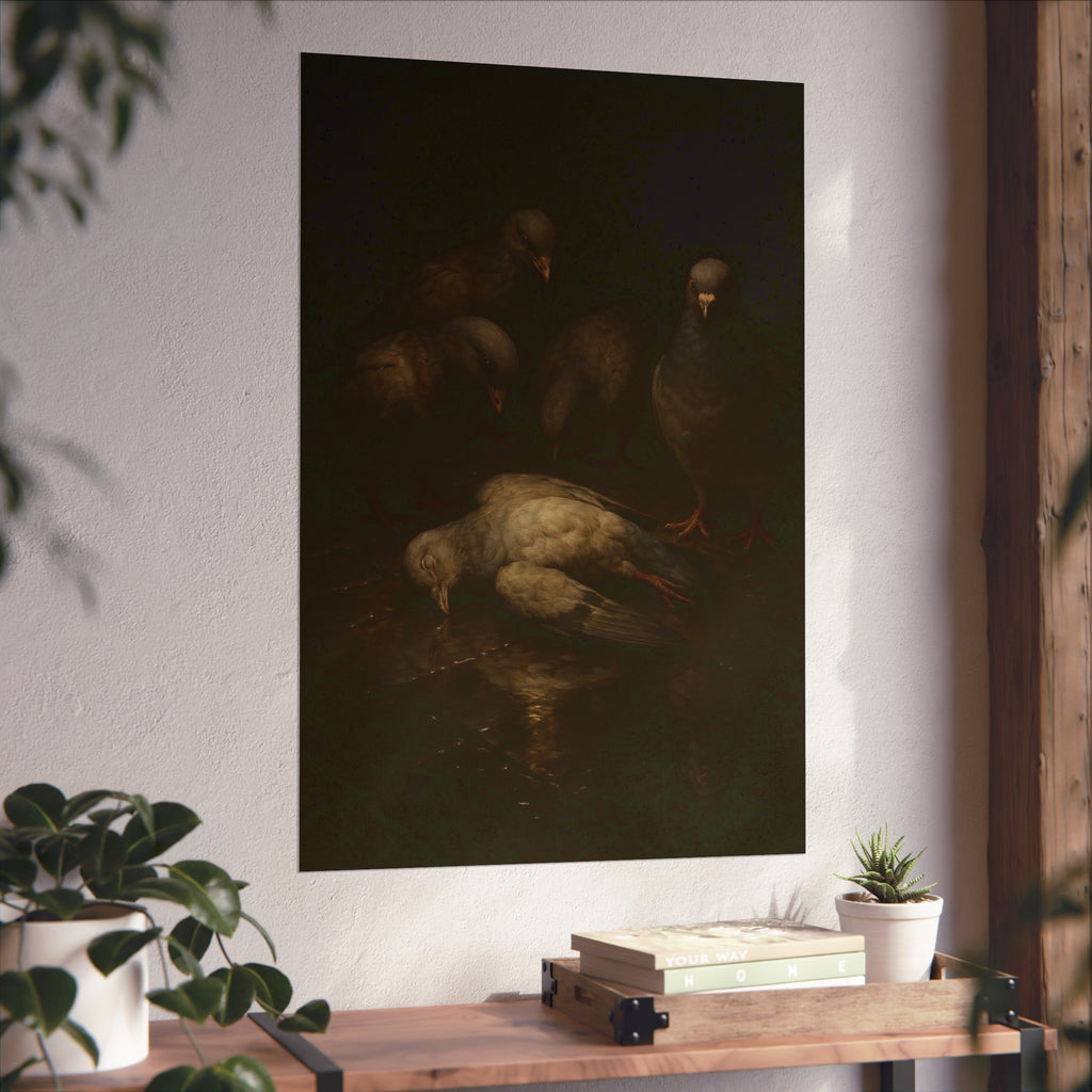 Four pigeons standing over a dead pigeon on wet pavement. The Lamentation by Garabaggio, fine art print hanging in a room.