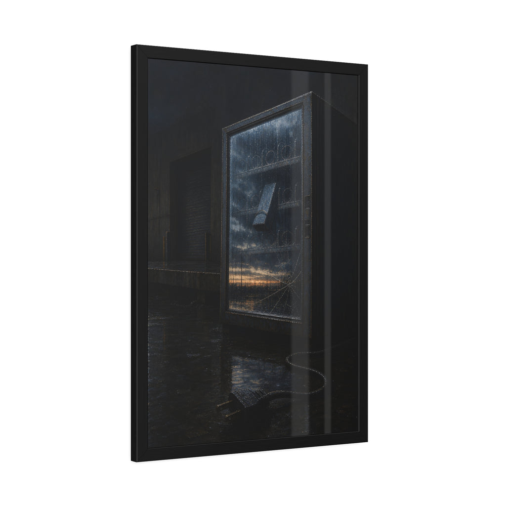 Empty vending machine with cracked glass reflecting dawn on a wet lot. Dawn in the Dead Glass by Garabaggio, framed fine art print hanging in a room.