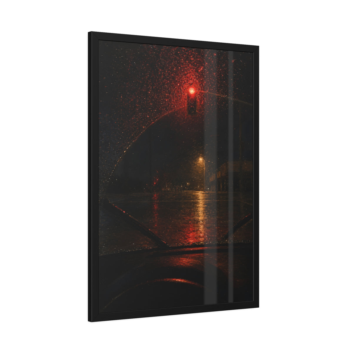 A red traffic light seen through a rain beaded windshield at night. The Windshield at the Red Light by Garabaggio, framed fine art print hanging in a room.