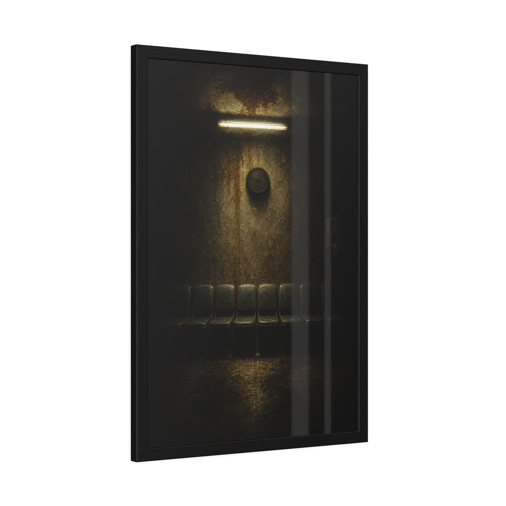 Empty waiting room seats below a stained wall clock and a strip light. Afternoon Without Movement by Garabaggio, framed fine art print hanging in a room.