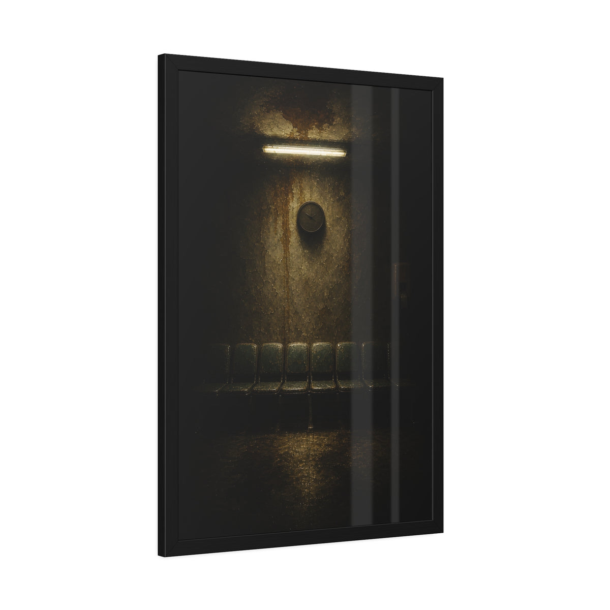 Empty waiting room seats below a stained wall clock and a strip light. Afternoon Without Movement by Garabaggio, framed fine art print hanging in a room.