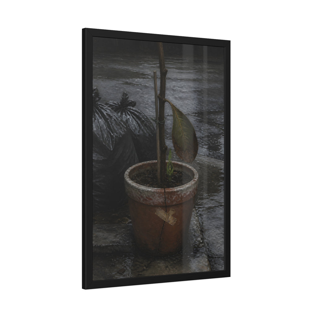 A taped clay pot with one leaf and a green shoot on wet pavement. The Green at the Base by Garabaggio, framed fine art print hanging in a room.