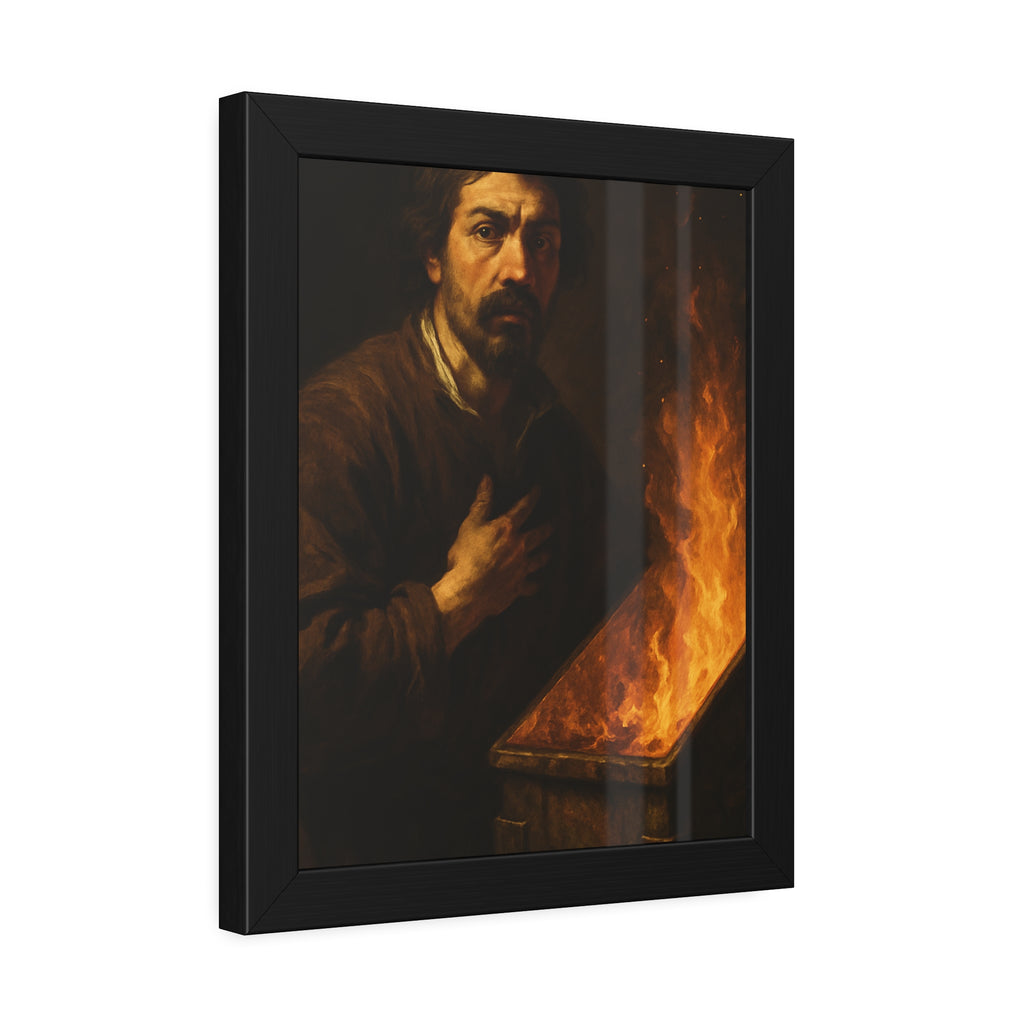 Man with a hand on his chest as flames run the length of a dumpster. Self-Portrait in the Final Hour by Garabaggio, framed fine art print hanging in a room.