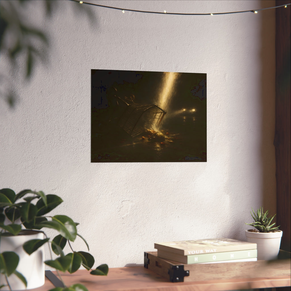 A tipped shopping cart spilling groceries in a shaft of light. The Conversion of the Shopping Cart by Garabaggio, fine art print hanging in a room.