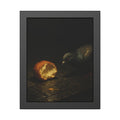 A pigeon leaning toward a torn bread roll on wet paving stones. The Offering of the Discarded Bun by Garabaggio, framed fine art print, 11″ x 14″.