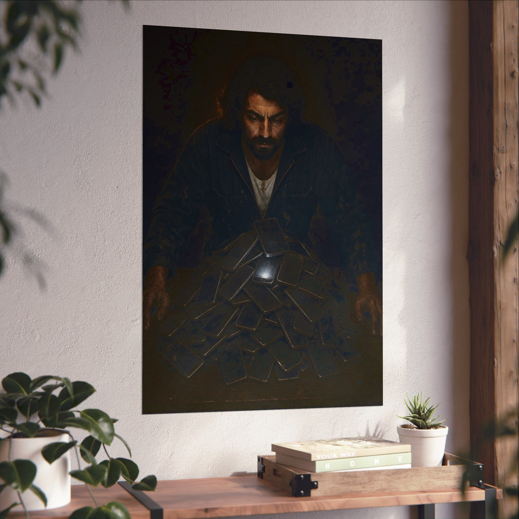 A bearded man leaning over a pile of dark phones, one screen lit. The Last Notification by Garabaggio, fine art print hanging in a room.