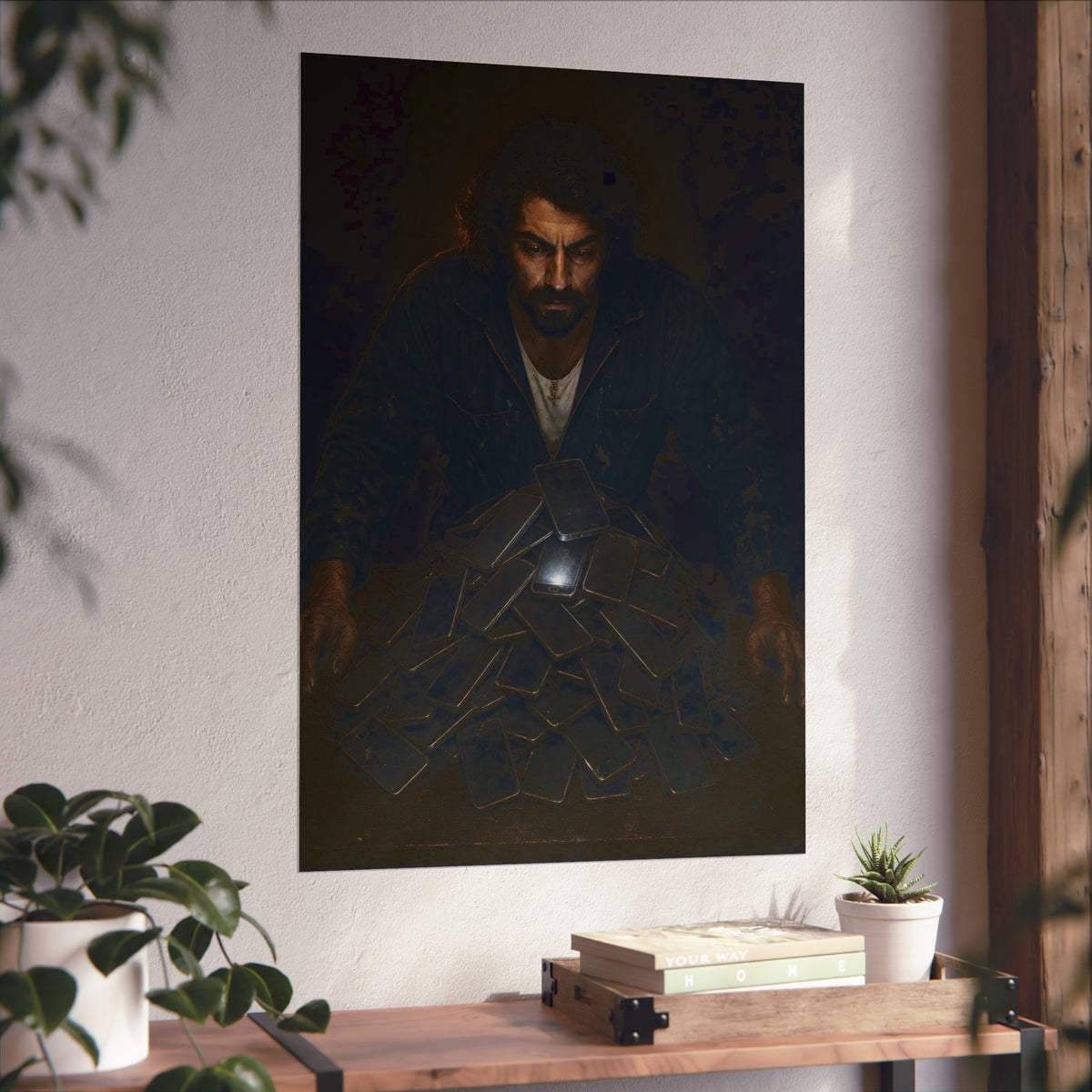 A bearded man leaning over a pile of dark phones, one screen lit. The Last Notification by Garabaggio, fine art print hanging in a room.