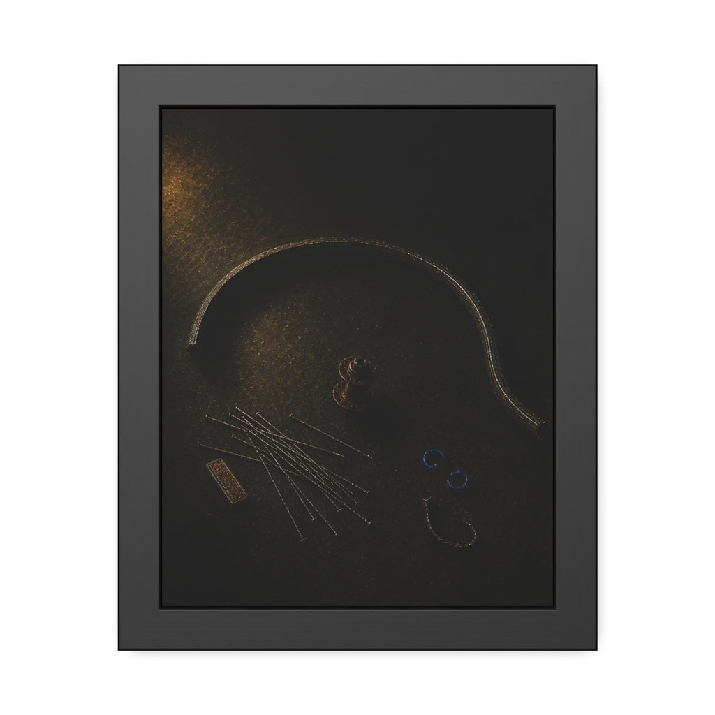 Bent bicycle rim, loose spokes and hub laid out on dark asphalt. Arc and Spokes by Garabaggio, framed fine art print, 11″ x 14″.