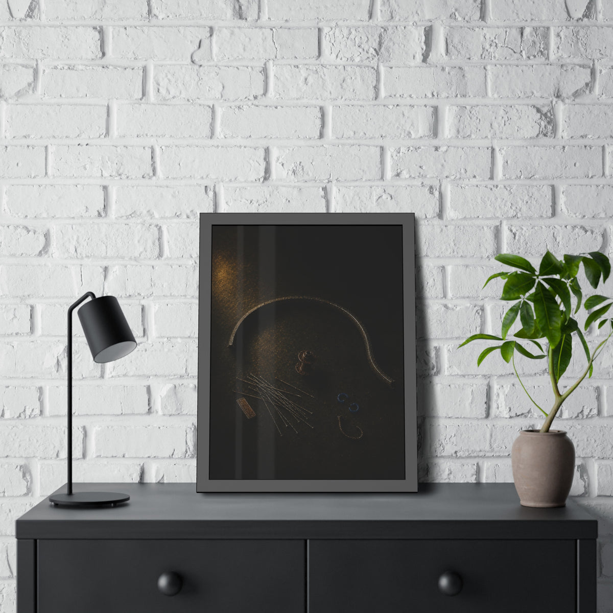Bent bicycle rim, loose spokes and hub laid out on dark asphalt. Arc and Spokes by Garabaggio, framed fine art print hanging in a room.