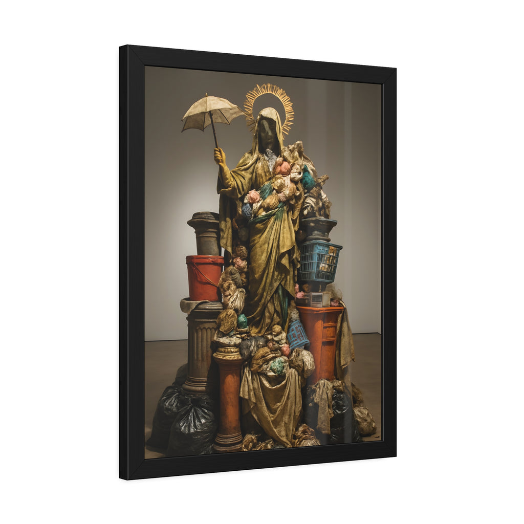 Robed figure with a halo and umbrella rising from trash bags and crates. Our Lady of Perpetual Shelter by Garabaggio, framed fine art print hanging in a room.
