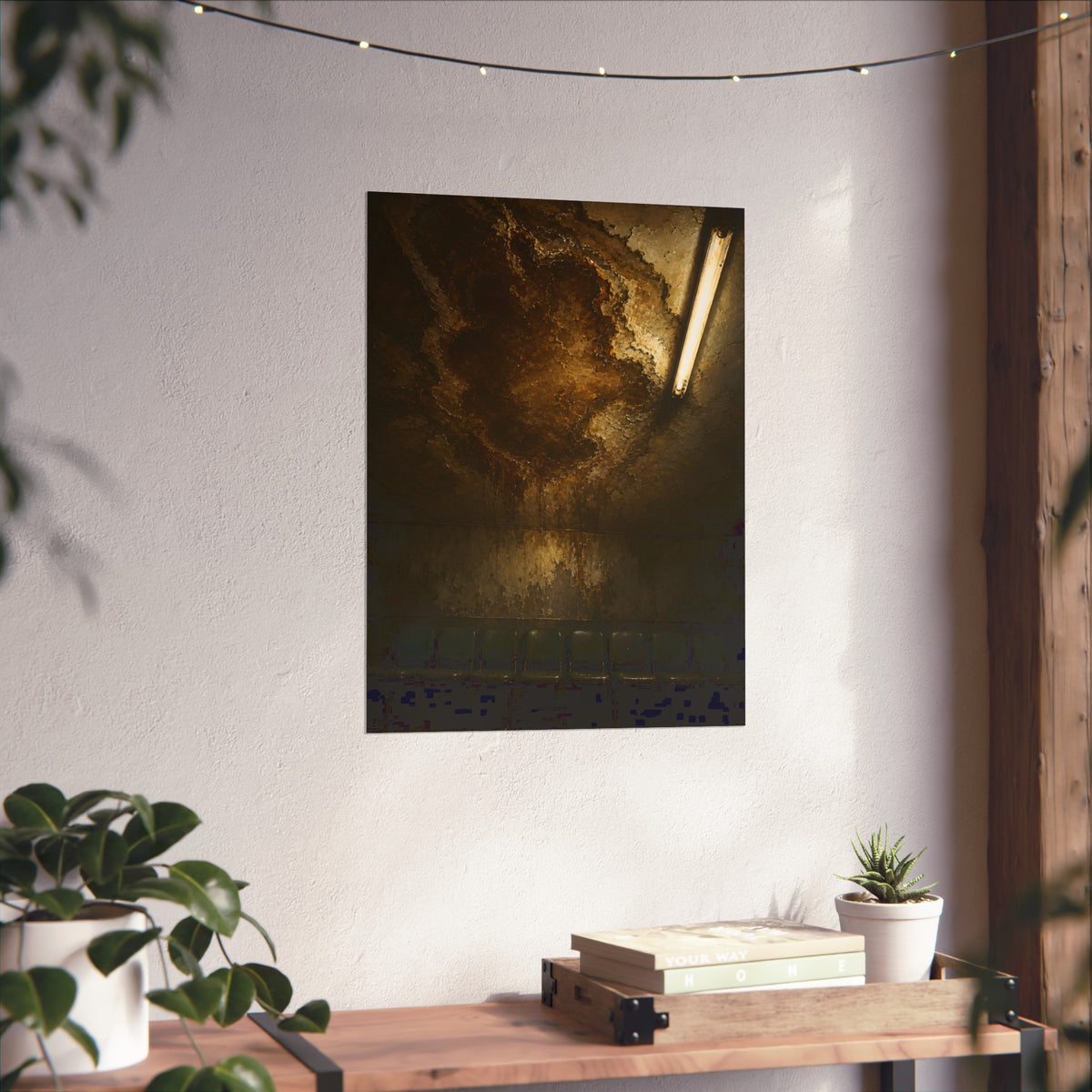 A brown water stain spreading across a ceiling above a row of chairs. The Stain Above the Row by Garabaggio, fine art print hanging in a room.