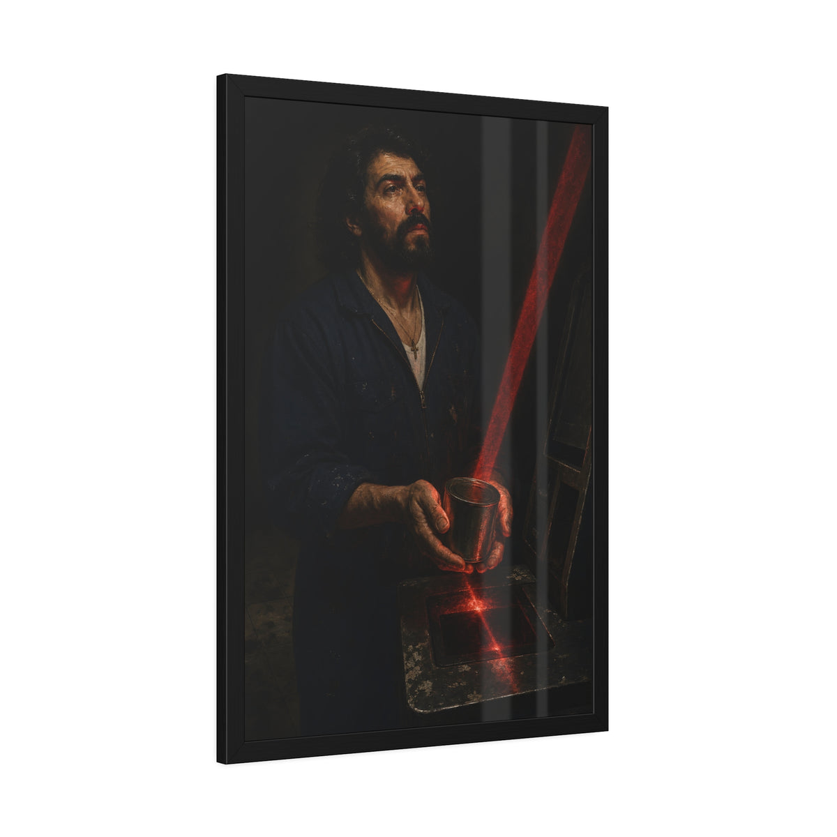 A man in blue coveralls holding a metal cup in a red scanner beam. The First Scan by Garabaggio, framed fine art print hanging in a room.