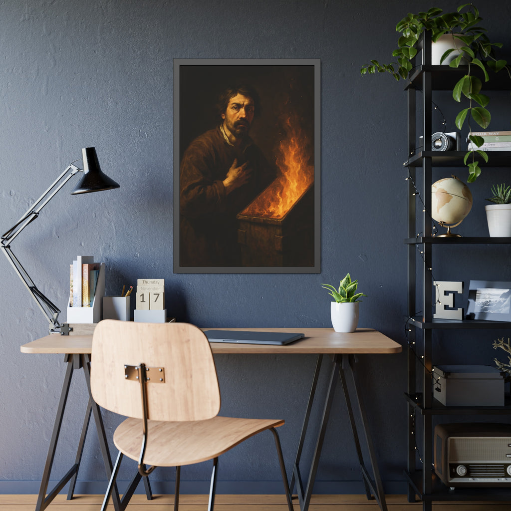 Man with a hand on his chest as flames run the length of a dumpster. Self-Portrait in the Final Hour by Garabaggio, framed fine art print hanging in a room.
