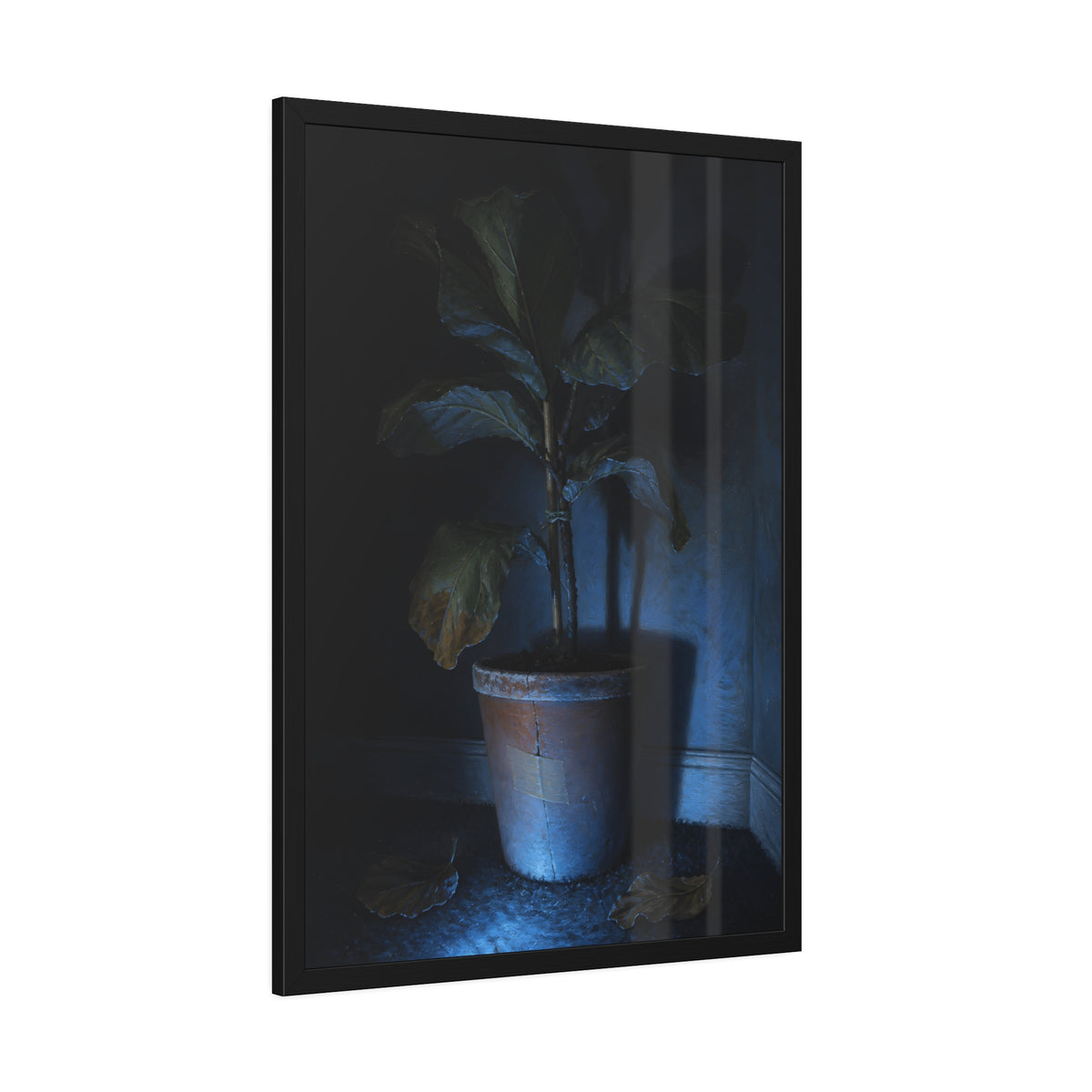 A dying potted plant in a corner washed in blue television light. The Television Hours by Garabaggio, framed fine art print hanging in a room.