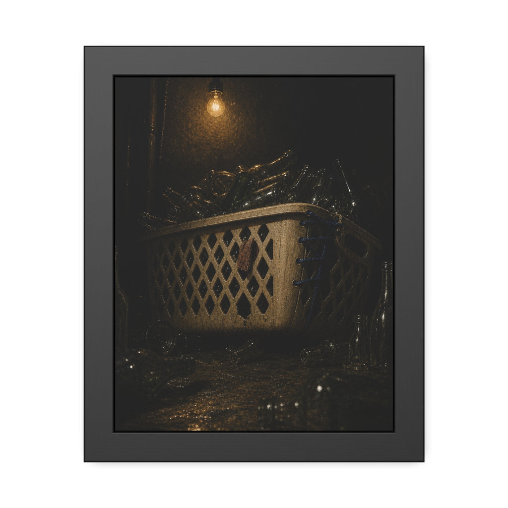 A laundry basket filled with glass bottles under a bare hanging bulb. The Second Life for Bottles by Garabaggio, framed fine art print, 11″ x 14″.
