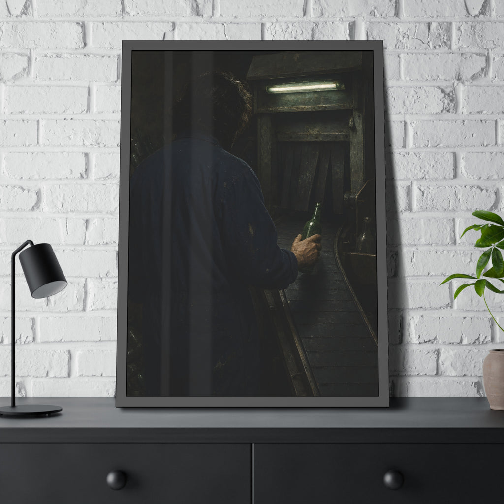 A man in coveralls sets a green bottle on a conveyor under a strip light. Garabaggio at the Conveyor by Garabaggio, framed fine art print hanging in a room.