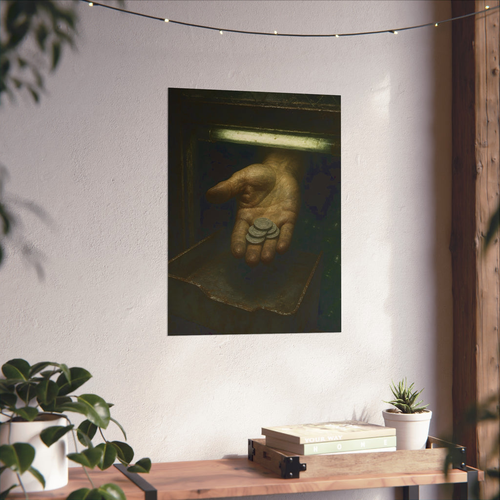 An open palm holding coins over a metal tray under a fluorescent tube. The Nickel Rendered by Garabaggio, fine art print hanging in a room.