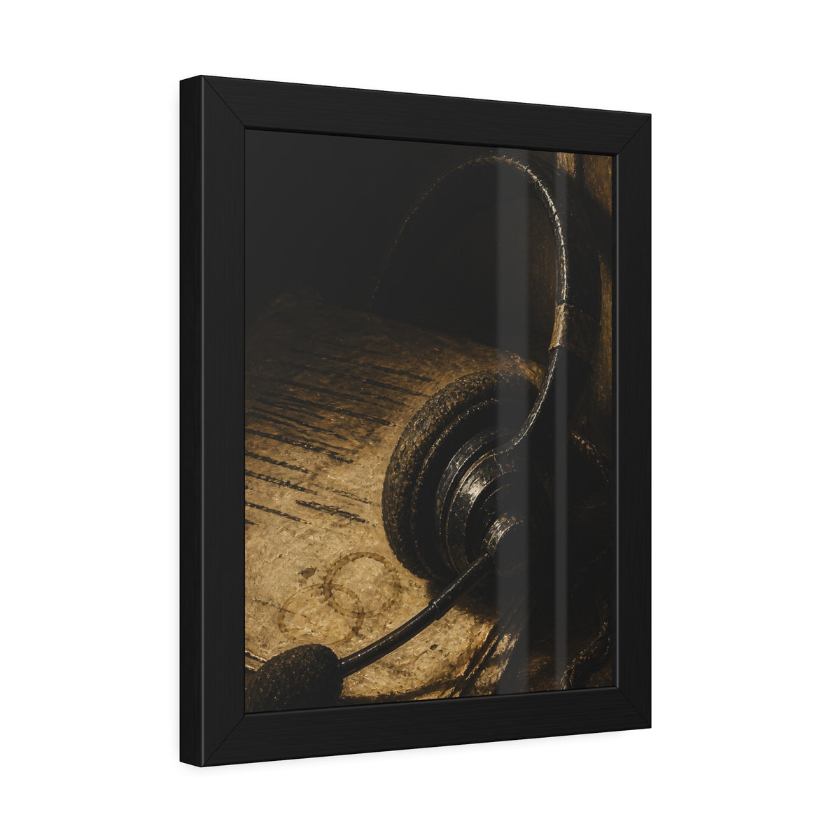A worn headset resting on a printed script page with coffee rings. The Script Beside the Mouthpiece by Garabaggio, framed fine art print hanging in a room.