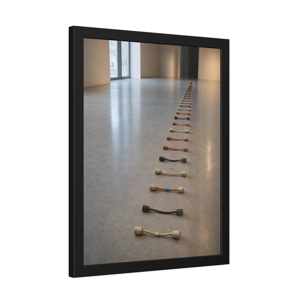 A long line of cut extension cord ends laid across a pale gallery floor. The Severed Procession by Garabaggio, framed fine art print hanging in a room.