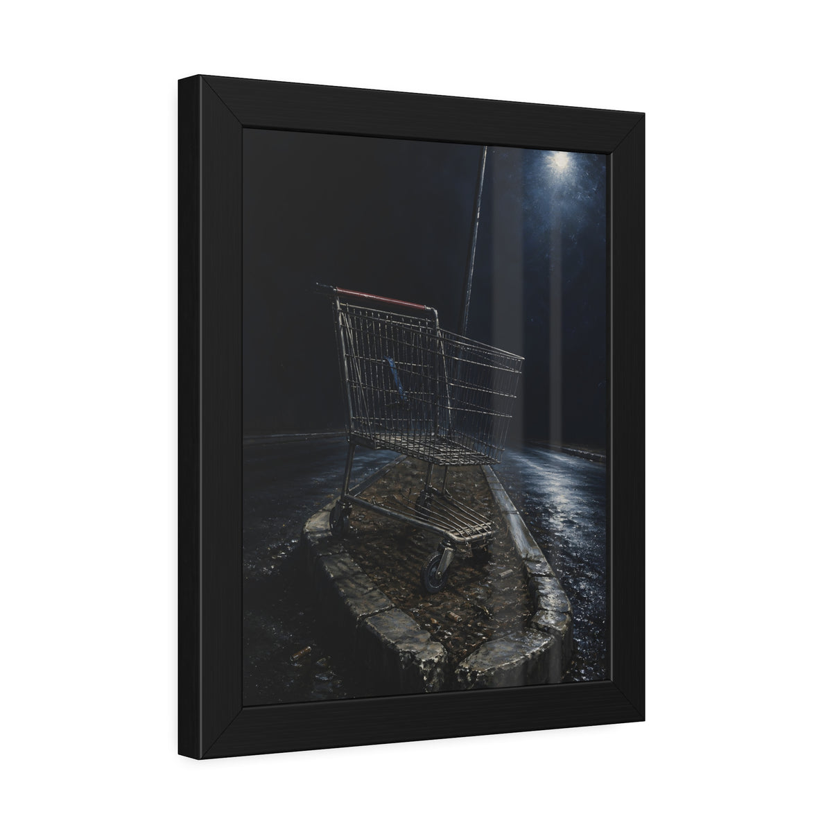 A shopping cart stranded on a stone median under a streetlight. The Crossing of the Median by Garabaggio, framed fine art print hanging in a room.