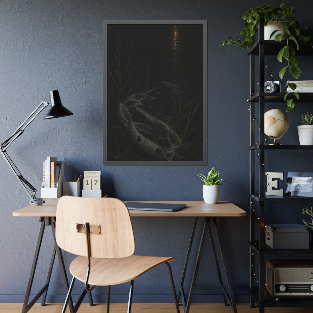 A deflated float slumped in lakeside reeds under a streak of moonlight. Spring Skin in the Reeds by Garabaggio, framed fine art print hanging in a room.