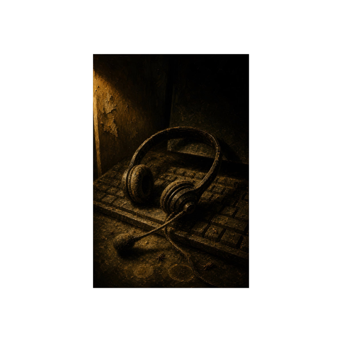 Dust covered headset resting on an old keyboard in brown light. Cubicles Under Dust by Garabaggio, fine art print, 24″ x 36″.