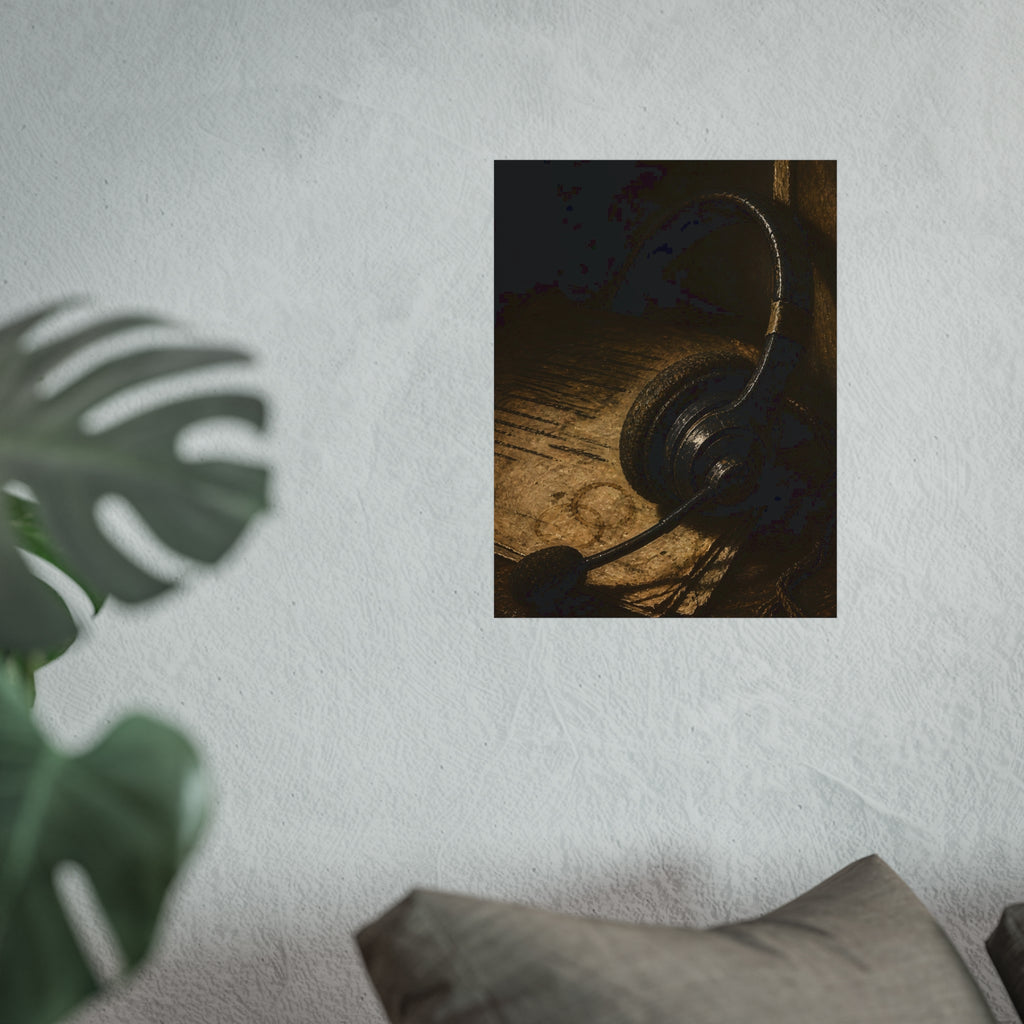 A worn headset resting on a printed script page with coffee rings. The Script Beside the Mouthpiece by Garabaggio, fine art print hanging in a room.