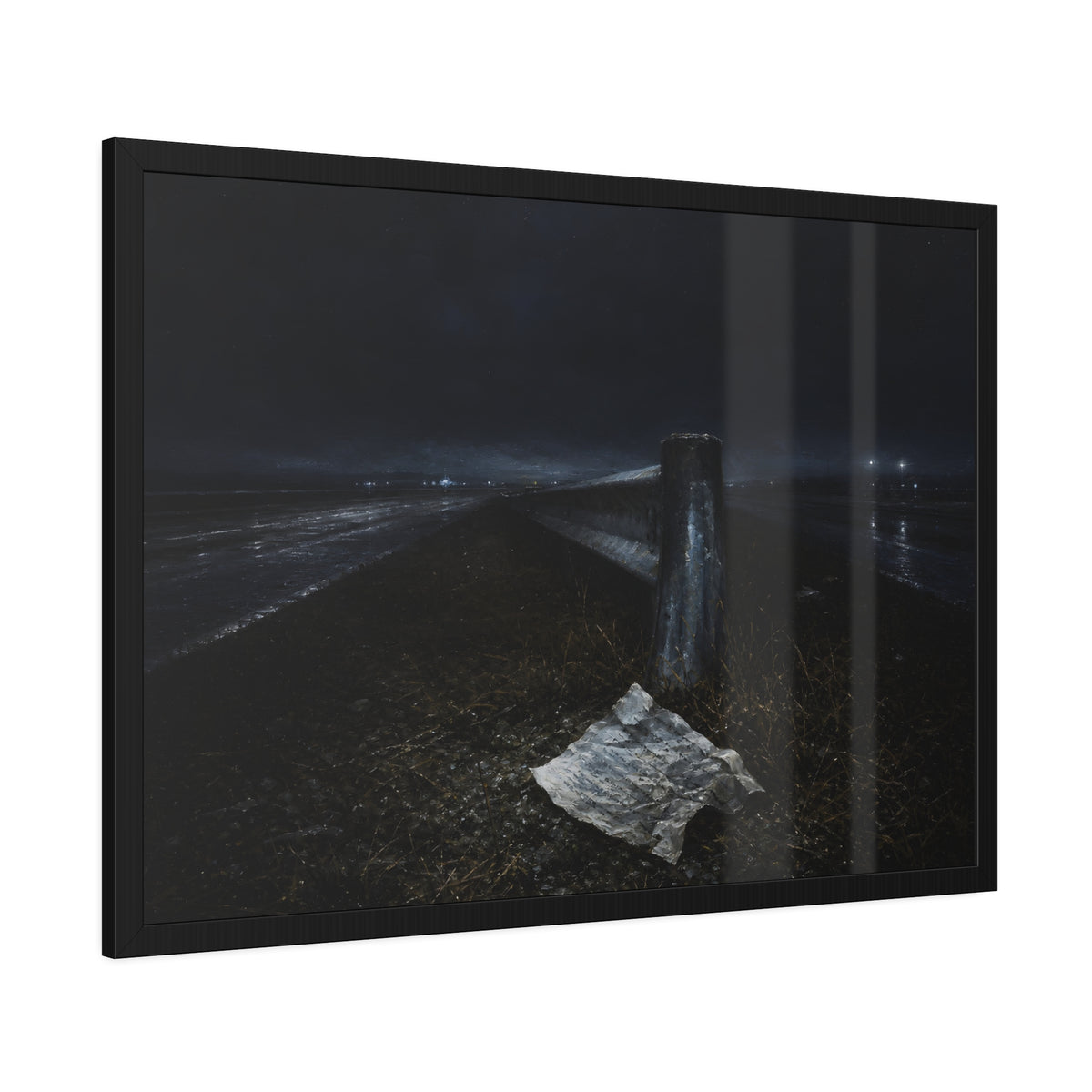 A sheet of paper on a grassy highway median beside a concrete post at night. The Resume on the Median by Garabaggio, framed fine art print hanging in a room.