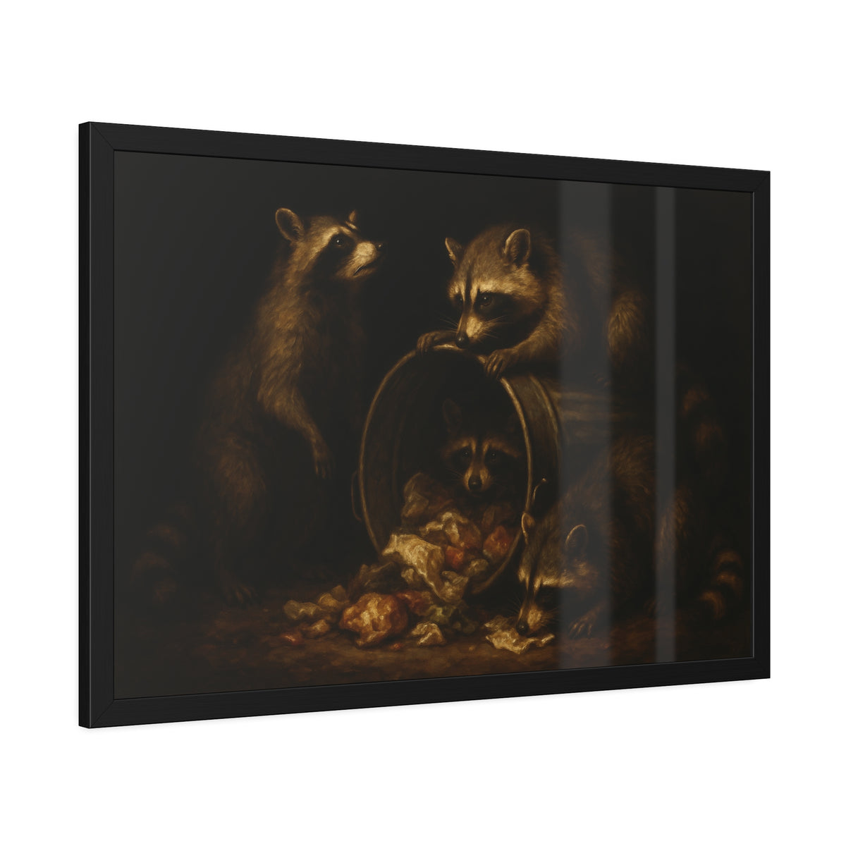 Four raccoons around a tipped metal trash can spilling food scraps. The Crowning with Crumbs by Garabaggio, framed fine art print hanging in a room.