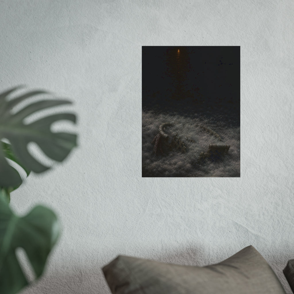 A broken laundry basket half buried in a snowbank under a distant light. Lattice in the Snowbank by Garabaggio, fine art print hanging in a room.