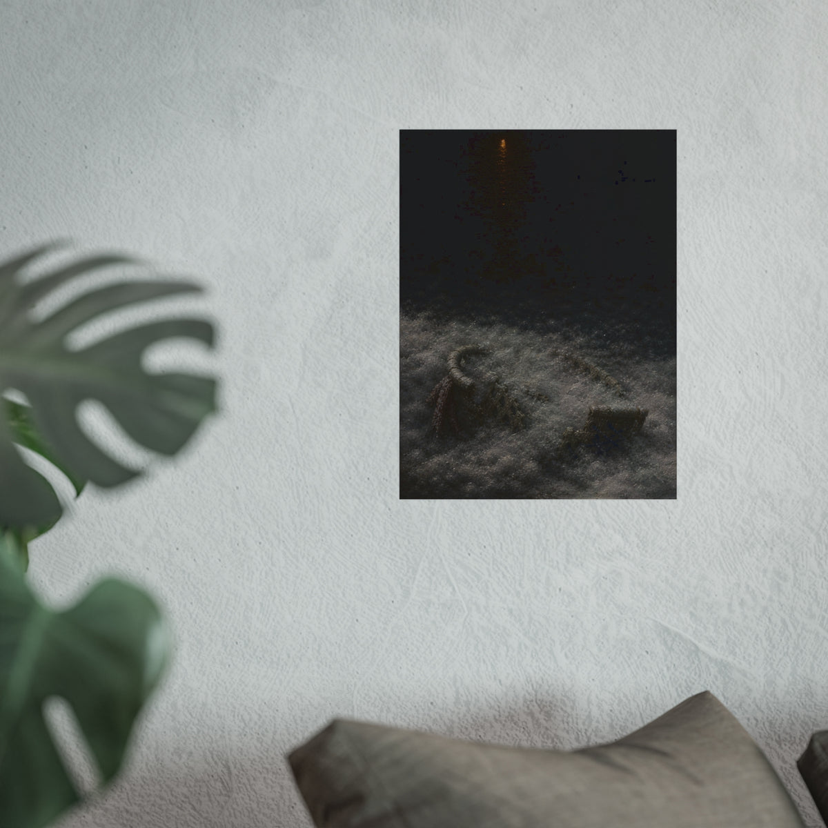 A broken laundry basket half buried in a snowbank under a distant light. Lattice in the Snowbank by Garabaggio, fine art print hanging in a room.