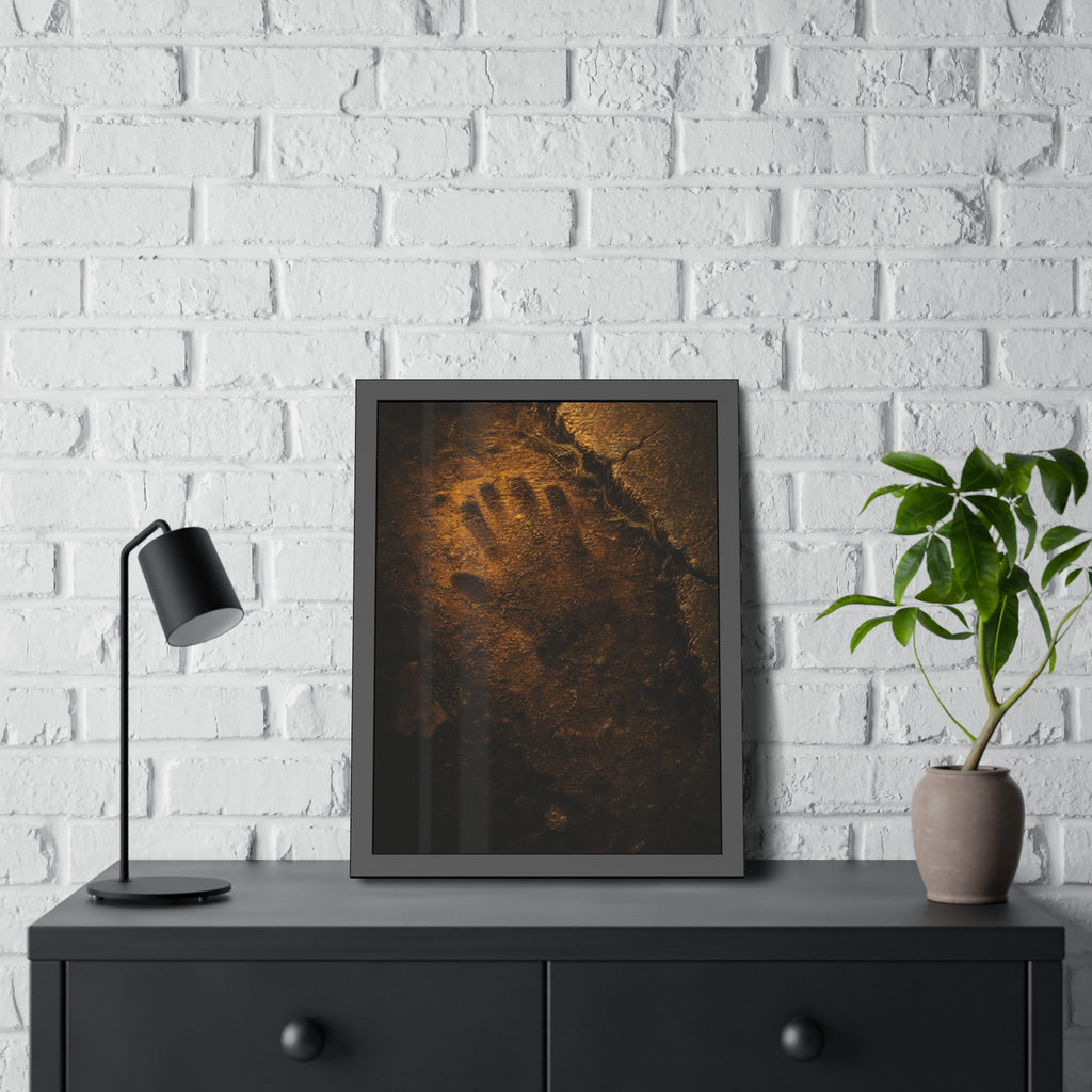 A glove shaped imprint left in cracked asphalt under warm light. The Assumption, or: What Remains by Garabaggio, framed fine art print hanging in a room.