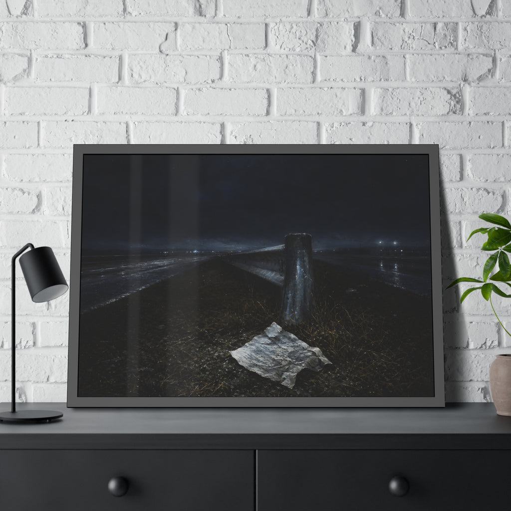 A sheet of paper on a grassy highway median beside a concrete post at night. The Resume on the Median by Garabaggio, framed fine art print hanging in a room.