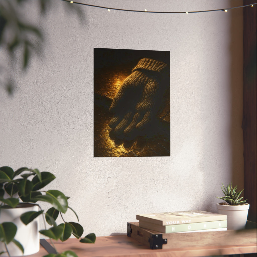 A knitted wool glove palm down on wet stone in gold light. The Presentation of the Woolen Glove by Garabaggio, fine art print hanging in a room.
