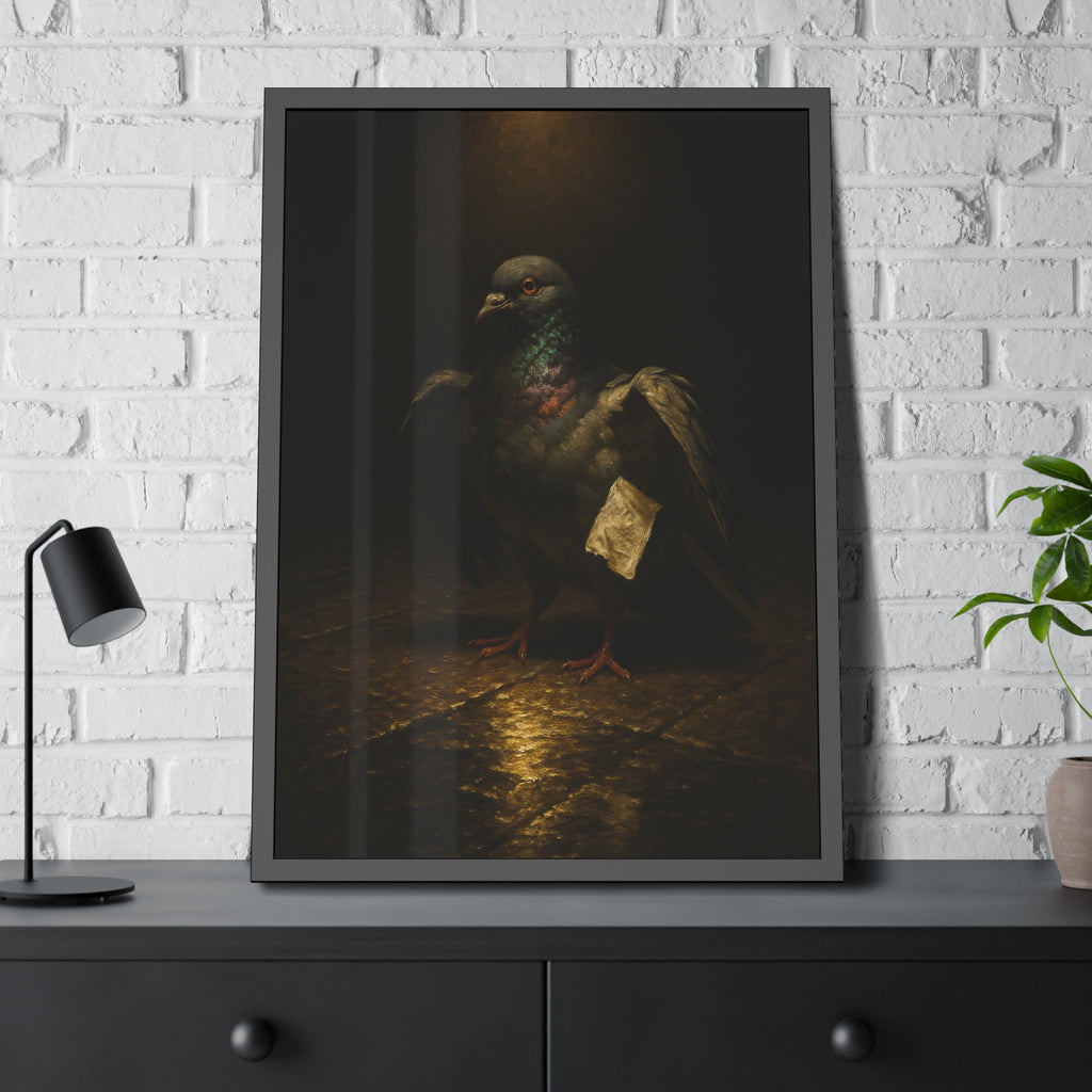 A pigeon with wings half raised, a paper scrap at its side. The Annunciation of the Common Pigeon by Garabaggio, framed fine art print hanging in a room.