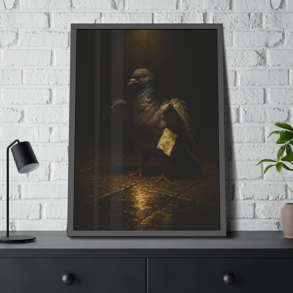 A pigeon with wings half raised, a paper scrap at its side. The Annunciation of the Common Pigeon by Garabaggio, framed fine art print hanging in a room.
