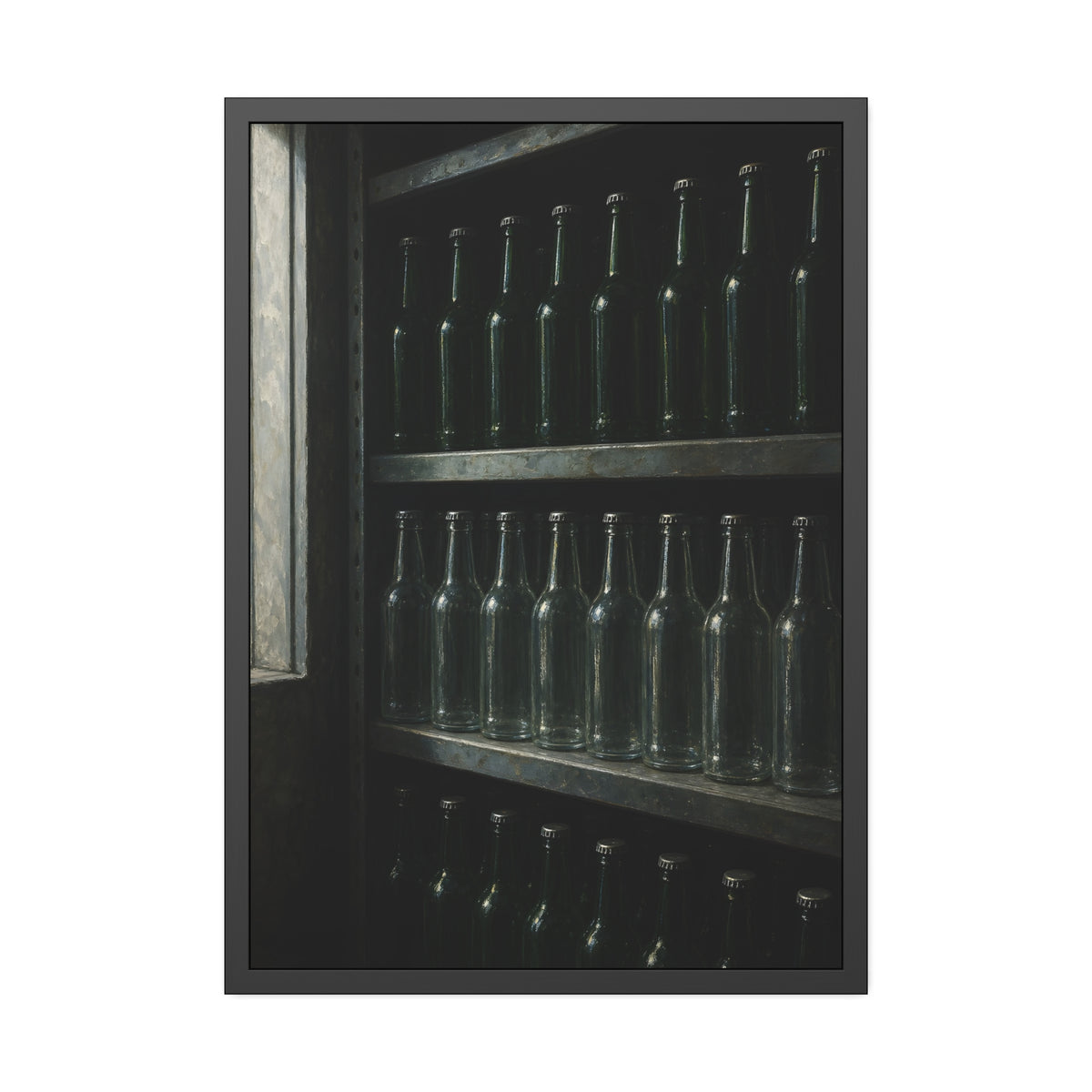 Rows of empty bottles on dim metal shelves, green above and clear below. The Shelf of New Bottles by Garabaggio, framed fine art print, 28″ x 40″.