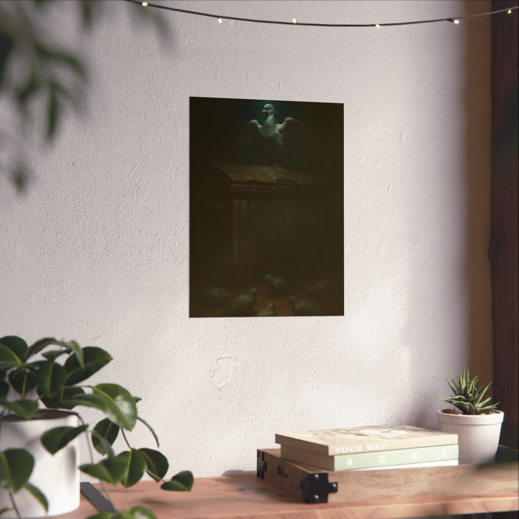 A pigeon with wings spread on a rusted dumpster lid. The Beatification of the Common Pigeon by Garabaggio, fine art print hanging in a room.