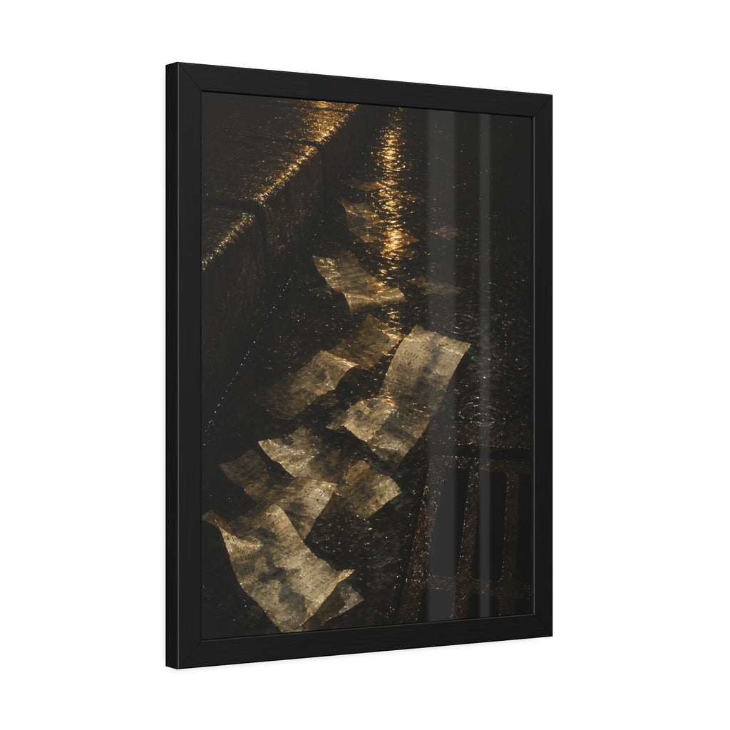 Wet receipts scattered in a gutter beside a storm drain in the rain. The Audit in Rain by Garabaggio, framed fine art print hanging in a room.