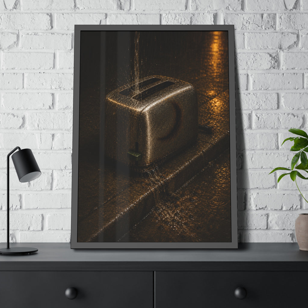 A toaster on a wet curb with water pouring into its slots. Rain Through the Slots by Garabaggio, framed fine art print hanging in a room.