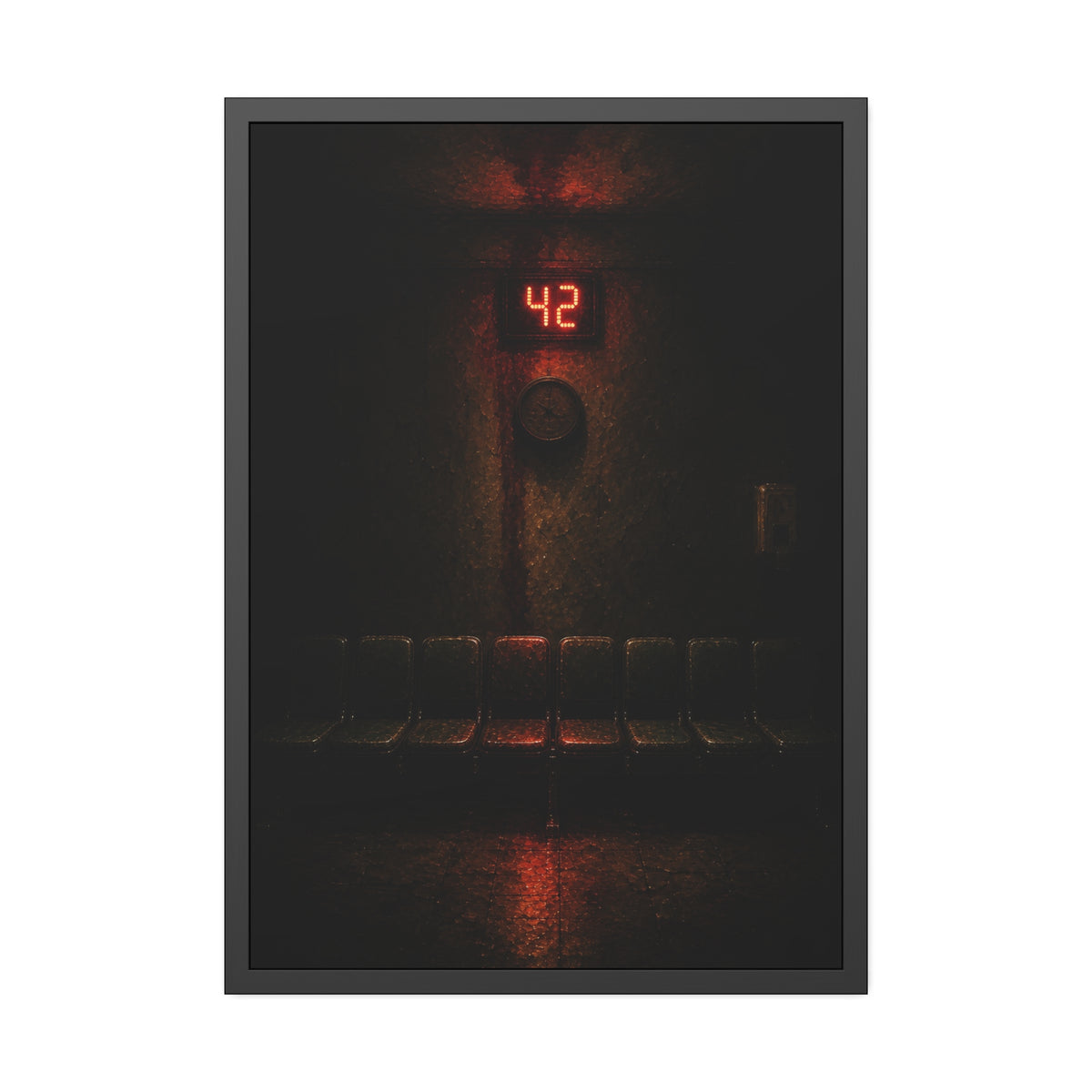 A red number display glowing above an empty row of waiting room chairs. The Number Called at Last by Garabaggio, framed fine art print, 28″ x 40″.