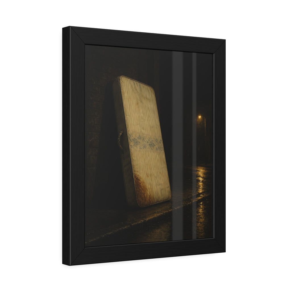 A stained mattress propped on a brick wall along a wet night street. The Presentation Against the Brick by Garabaggio, framed fine art print hanging in a room.