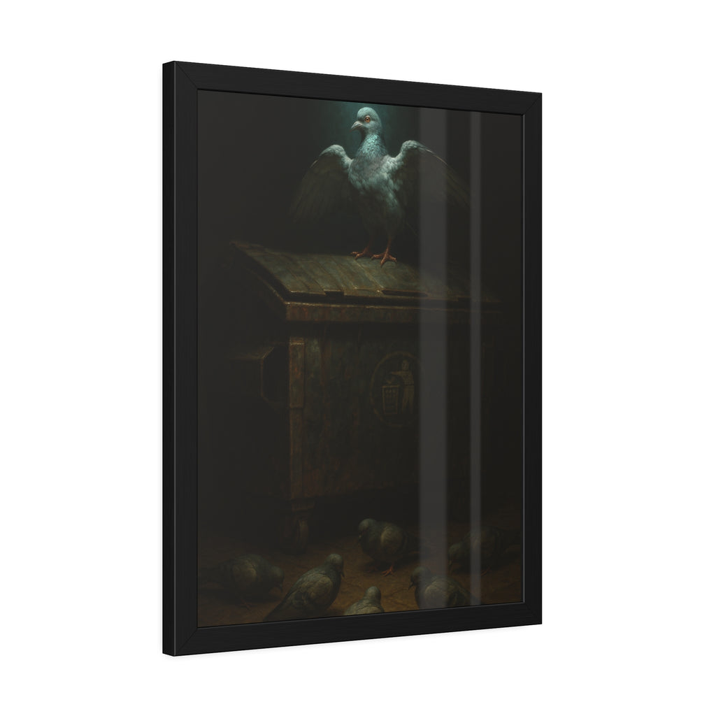 A pigeon with wings spread on a rusted dumpster lid. The Beatification of the Common Pigeon by Garabaggio, framed fine art print hanging in a room.