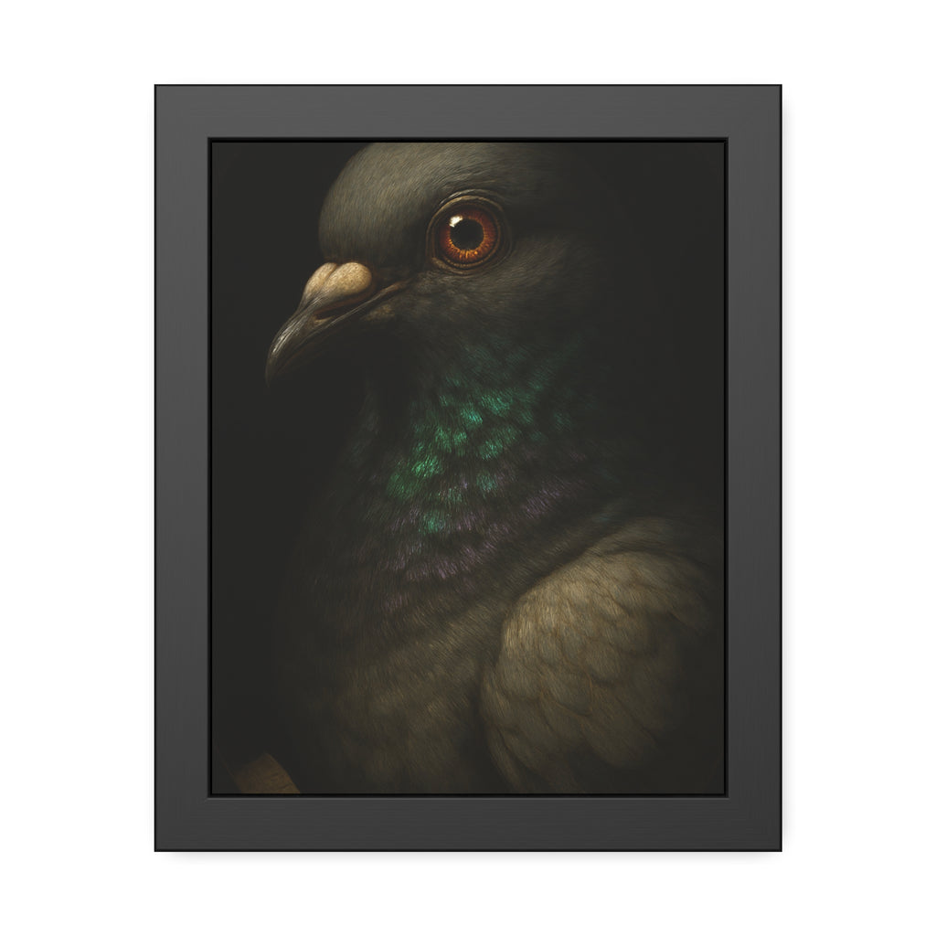 Close portrait of a pigeon with an iridescent green throat. Study of the Holy Messenger, No. 1 by Garabaggio, framed fine art print, 11″ x 14″.