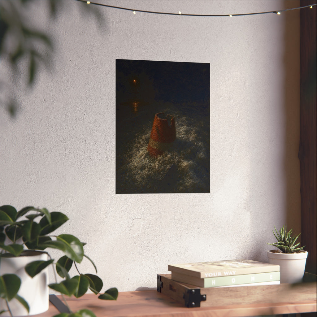 An orange traffic cone half buried in road salt under a distant streetlight. The Burial in Road Salt by Garabaggio, fine art print hanging in a room.