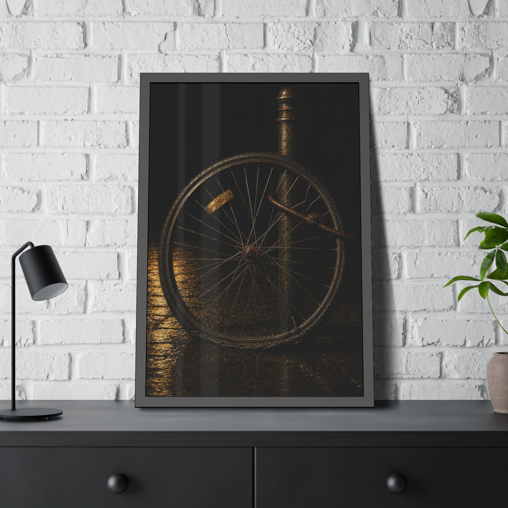 A bent bicycle wheel locked to a post on wet pavement. The Last Lock by Garabaggio, framed fine art print hanging in a room.