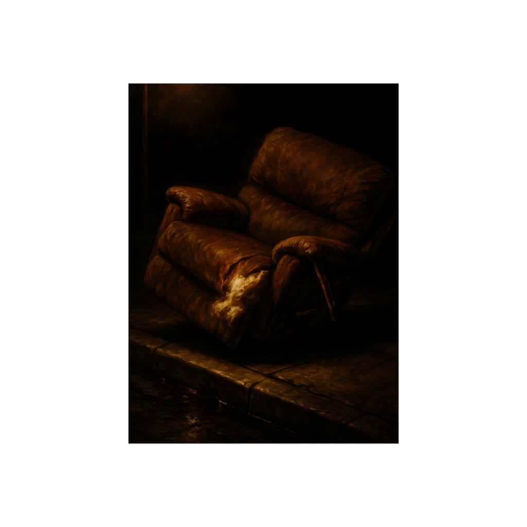 A torn brown recliner tipped on a curb in dim warm light. The Deposition of the Broken Recliner by Garabaggio, fine art print, 12″ x 16″.
