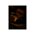 A torn brown recliner tipped on a curb in dim warm light. The Deposition of the Broken Recliner by Garabaggio, fine art print, 12″ x 16″.