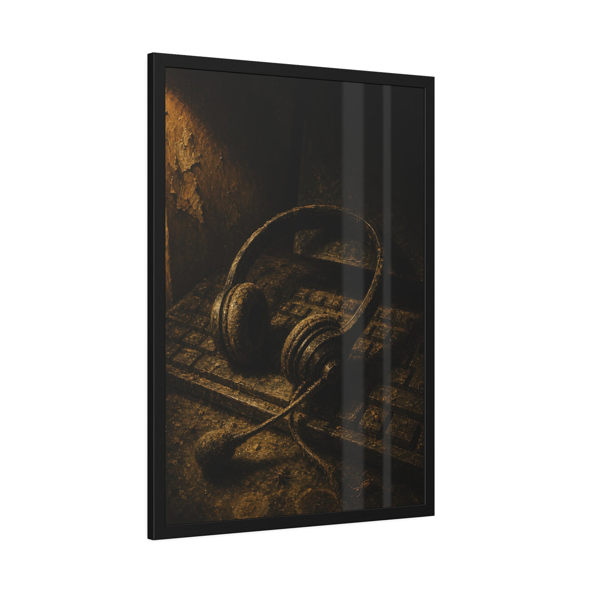 Dust covered headset resting on an old keyboard in brown light. Cubicles Under Dust by Garabaggio, framed fine art print hanging in a room.
